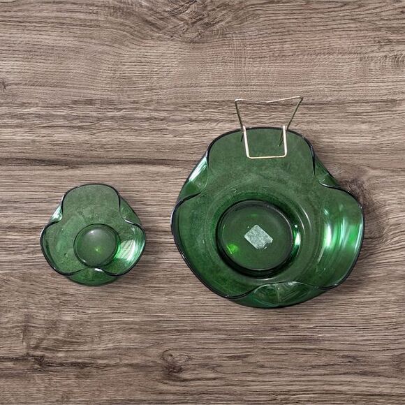 MCM 1970's Anchor Hocking Avocado Green Glass Chip and Dip Bowls with Holder - Picture 2 of 4